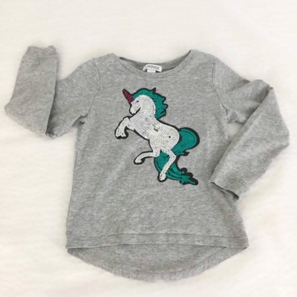 Girl’s Flapdoodles Gray Long Sleeve Unicorn Sequin Tee Size 5